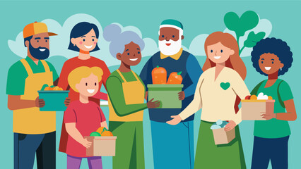 Despite their own struggles community members come together to volunteer at the food bank showing unwavering support for their neighbors.. Vector illustration