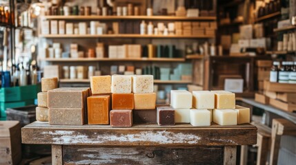 Assorted Natural Soaps Displayed on Rustic Wooden Table in Shop
