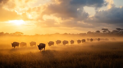 Obraz premium Herd of bison walking through hazy field at sunset.