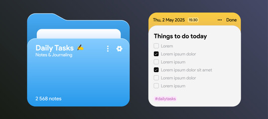 Files and notes widget template. ios note app. To do folder with checkboxes. Digital planner app for schedule, tasks, notifications, events, and to-do lists mock-up. Vector illustration design