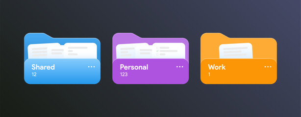 Folders with notes. Personal, Shared, Work memo templates. Digital planner app for schedule, tasks, notifications, events, and to-do lists mock-up. Editable vector illustration design