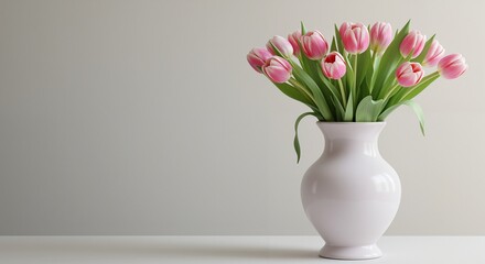 Fresh pink tulips in a white vase conveying a bright and cheerful mood, beautifully arranged on a clean surface against a soft gray background
