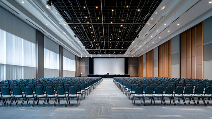 Fototapeta premium Spacious Modern Conference Hall Interior With Empty Chairs and Stage Setup Ready For A Corporate Event