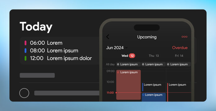 Professional mobile calendar UI with scheduled events and reminders. Digital planner for task management, productivity, and organization. Dark iphone mobile app interface. Editable vector design.