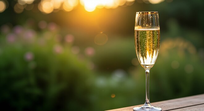 Sparkling champagne flute glowing in the warm sunset, evoking a celebratory mood while resting on a wooden table amidst a blurred garden background