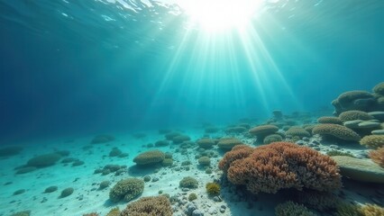 Fototapeta premium Underwater coral reef ecosystem with sunlight filtering through clear ocean water 