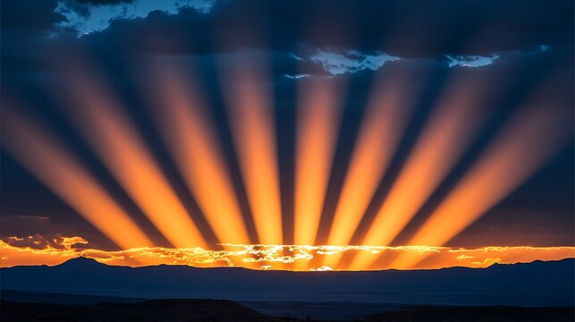 A dramatic winter landscape with glowing sun rays shining through dark clouds onto a snowy valley below. - Powered by Adobe