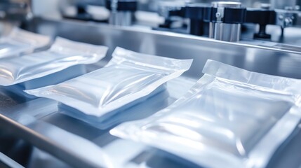 Clean, sterile packages on a conveyor belt in a factory.