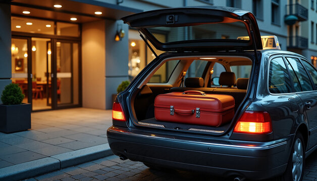 Taxi with Luggage Outside Hotel Entrance, Travel Convenience, Taxi Ride to the Hotel