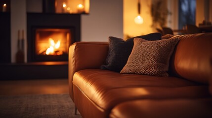 Cozy leather couch in front of a fireplace at night.