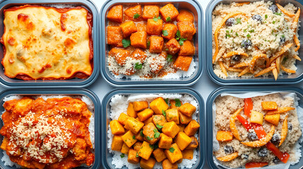 Frozen ready meals with a variety of frost-covered dishes like lasagna, curry, and stir-fries, viewed from above in an organized layout