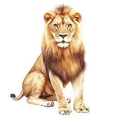 Obraz premium lion sitting showcasing its majestic mane and strong physique against a plain background. beauty and strength of iconic animal