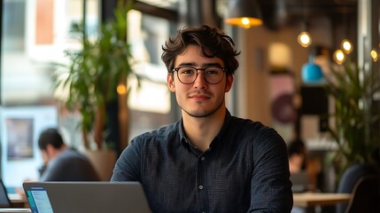 Young man sits at cafe table, looking at camera, laptop in front.