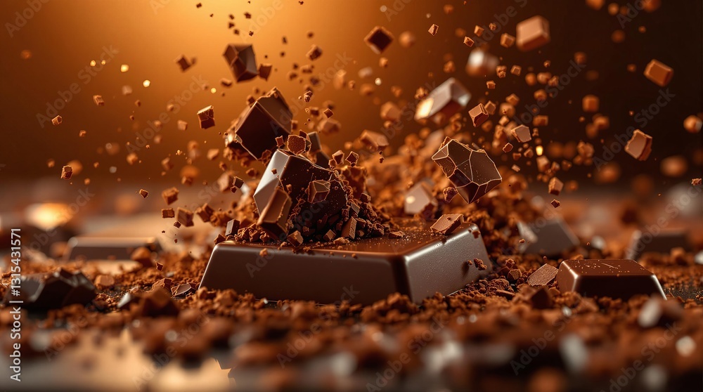Poster an explosive burst of chocolate pieces is captured in mid-air, showcasing a dynamic and textured sce