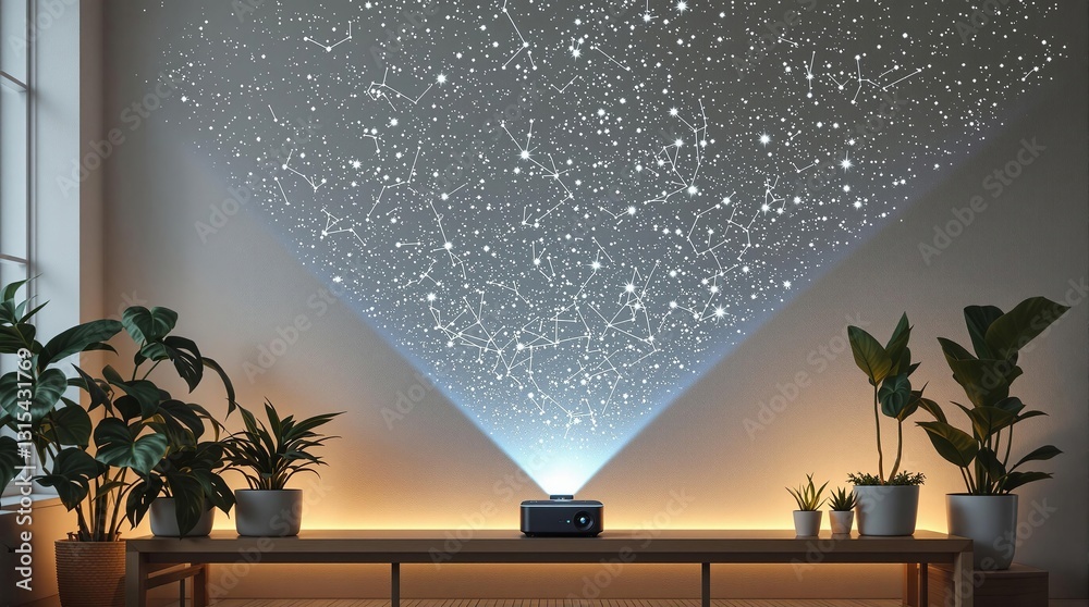 Poster the image features a projector displaying a starry night effect on a wall against a cozy interior se