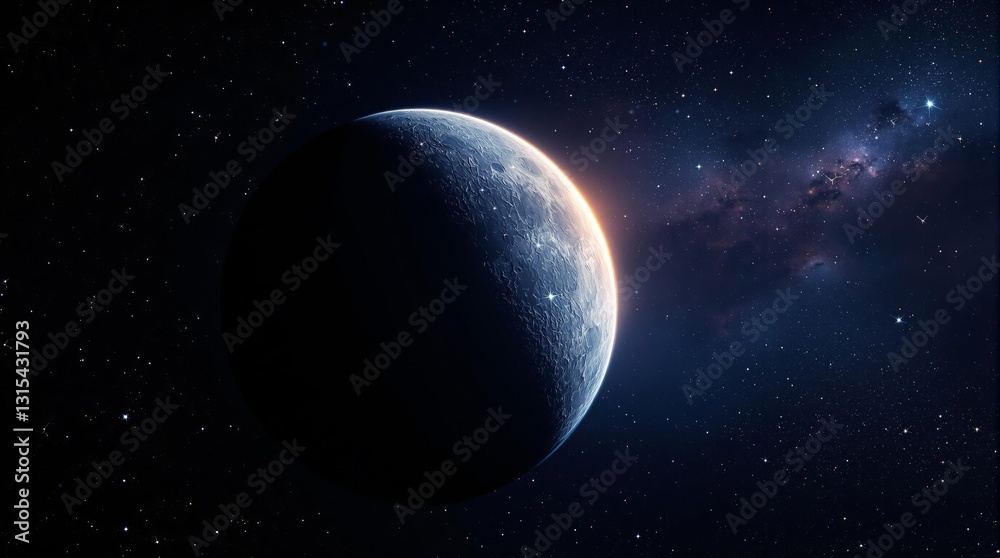 Poster a dark, cosmic scene featuring a distant planet illuminated by starlight.