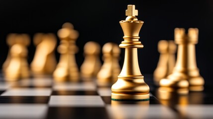 Golden chess pieces on a black and white board, highlighting strategy and competition