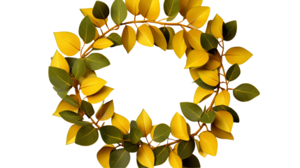 Yellow and Green Leaf Wreath Autumn Botanical Design, Elegant Frame for Nature Themes, isolated on transparent background.