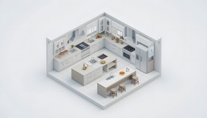 Isometric Kitchen Design Rendering with Island and Bar Seating