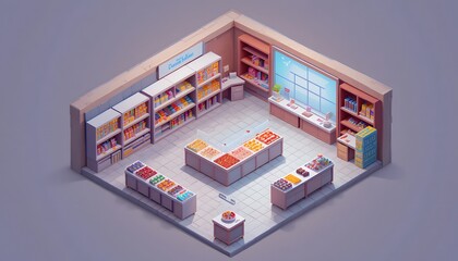 Isometric Supermarket Interior with Shelves Produce and Checkout Area Concept
