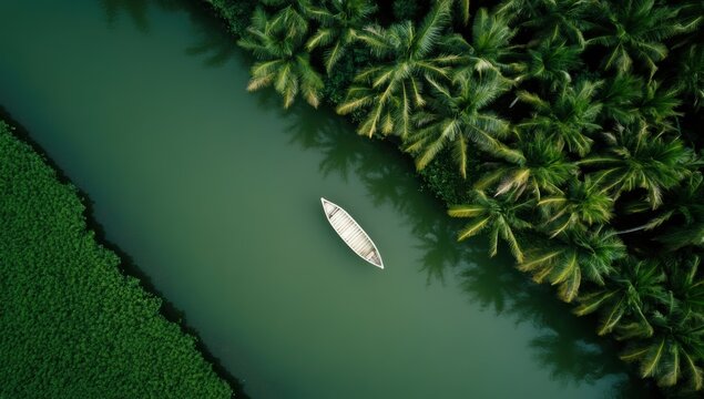 Aerial view of a wooden boat floating on a calm green river surrounded by lush palm trees and dense vegetation creating a peaceful tropical nature landscape