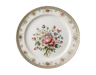 Empty porcelain plate with floral pattern isolated on transparent background