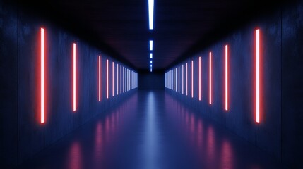 Fototapeta premium Futuristic corridor illuminated by vibrant red and blue light, showcasing sleek design elements