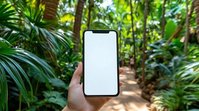 Hand holding phone, tropical path