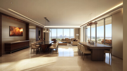 A contemporary apartment interior featuring a dining room with a table and chairs, alongside an empty living room with a beige wall in a panoramic view