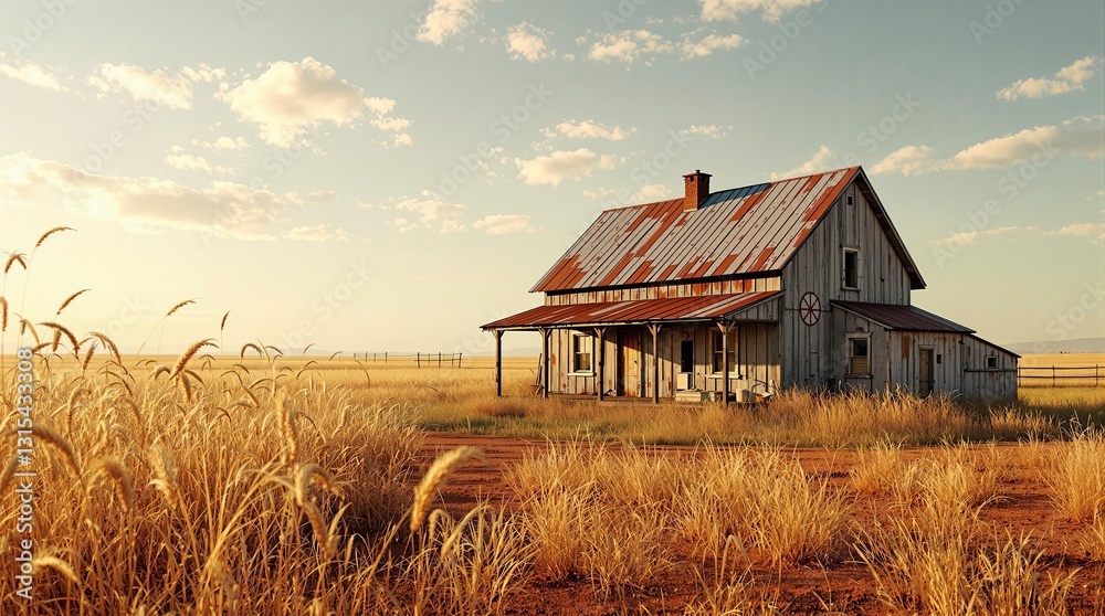 Poster A rustic farmhouse sits in an expansive, golden field under a bright sky. The setting conveys a sense of tranquility and openness.