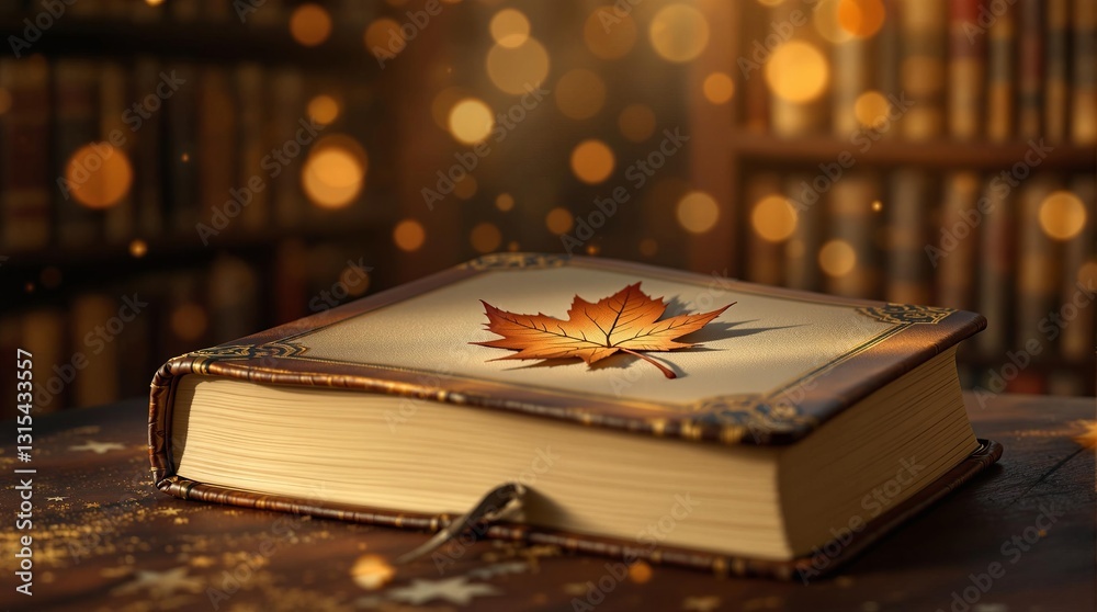 Aufkleber an open book rests on a wooden surface, adorned with a detailed leaf illustration on its cover, set 