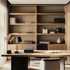 Office with elegant desk and bookshelves provides a classic feel