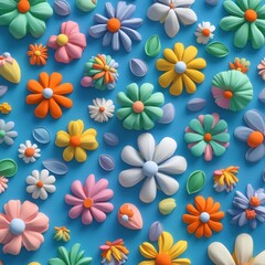 Colorful pastel flowers and leaves on blue background.