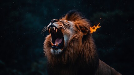 Naklejka premium Roaring lion with fire mane in rain.