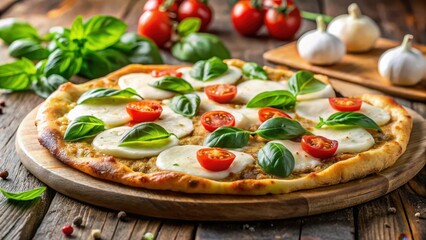 Fresh basil leaves and a slice of mozzarella cheese atop a golden brown Margherita pizza crust, with a sprinkle of parmesan powder in the background, flatbread, italian