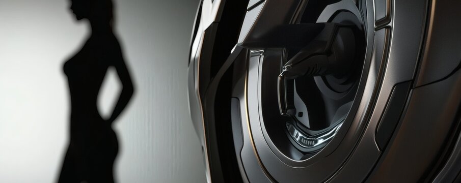 Sleek metallic design contrasts the silhouette of a person standing - Powered by Adobe