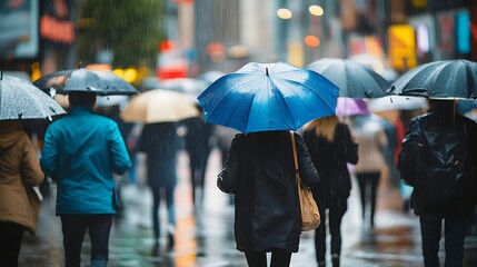 Obraz premium Rainy day city street scene, people with umbrellas walking.