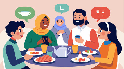 Two families from different countries are paired up through a language exchange program and take turns hosting dinner gatherings where they can practice speaking each others. Vector illustration