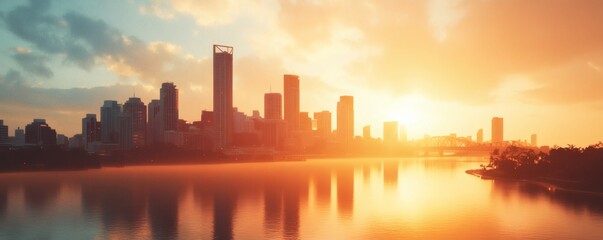 Fototapeta premium A stunning cityscape silhouette reflecting on tranquil water during sunrise