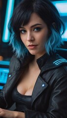 Naklejka premium Futuristic Cyberpunk Hacker Woman with Striking Blue Hair Navigating Neon-Lit Digital Realms in a Dystopian Cityscape
