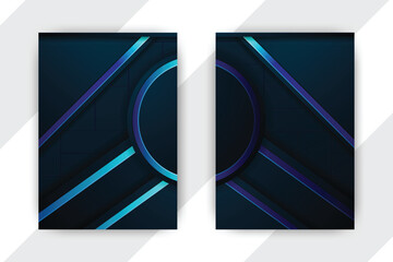 Dark blue geometric design; abstract lines, circles; white background; brochure template