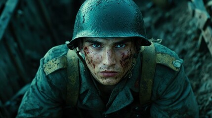 Soldier with bloodied face emerges from trench, battle-worn, looking ahead