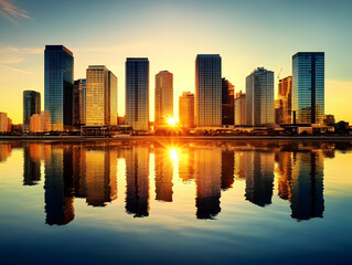 Obraz premium City Skyline Sunset Reflection