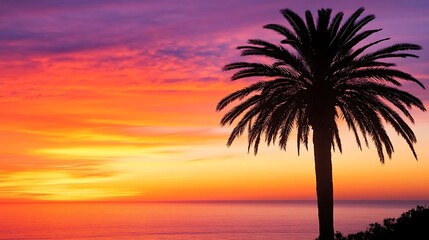 Obraz premium Silhouetted palm tree at vibrant sunset over ocean.
