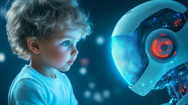 Young child interacts with futuristic digital toy featuring facial recognition technology