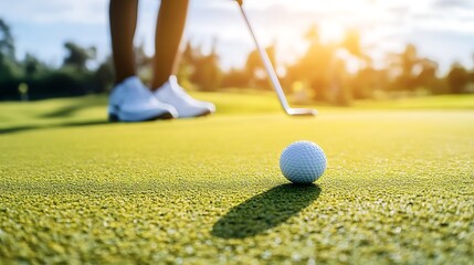 Golfer putting on a sunny green.