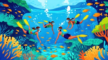 Snorkeling adventure underwater scene with colorful coral reef and diverse fish species