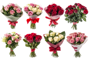 Eight Rose Bouquets with Red Pink and White Roses Wrapped in Tissue Paper and Tied with Ribbons Isolated on Transparent Background, PNG