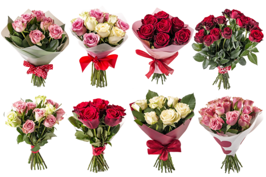 Eight Rose Bouquets with Red Pink and White Roses Wrapped in Tissue Paper and Tied with Ribbons Isolated on Transparent Background, PNG