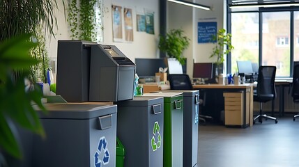 Modern office recycling system with bins and machine.